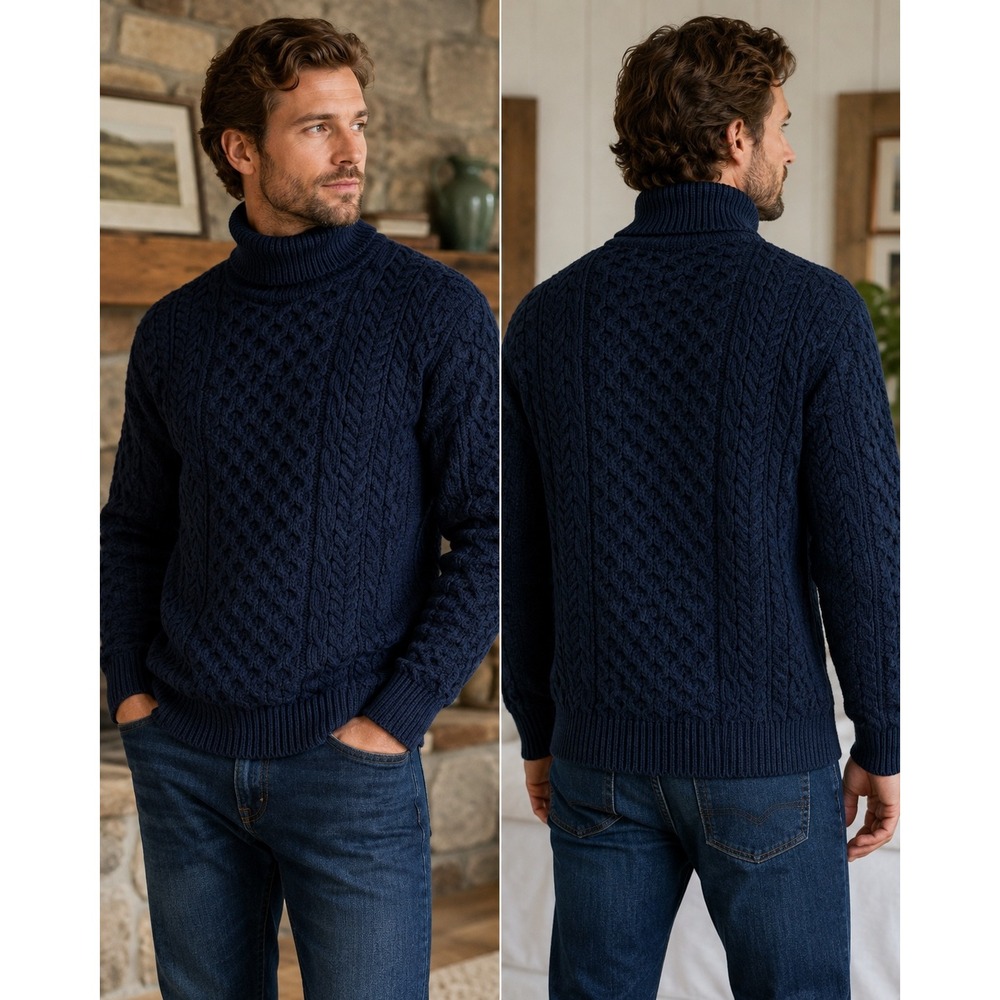 Connemara Knitwear Merino Wool Aran Cable Knit Turtleneck Sweater Navy Blue M